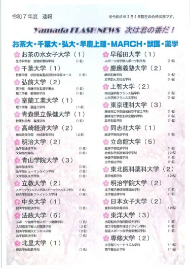 令和７年度　大学合格状況　最新情報！（３月９日現在）